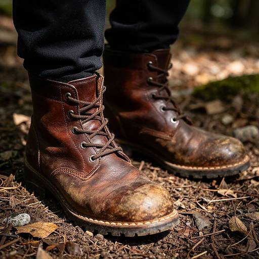 Photograph of worn, brown leather boots with laces, standing on forest floor with dry leaves and twigs, black pants visible.