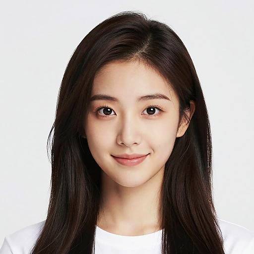 Photograph of a young Asian woman with long, straight black hair, fair skin, and brown eyes, smiling softly against a white background.
