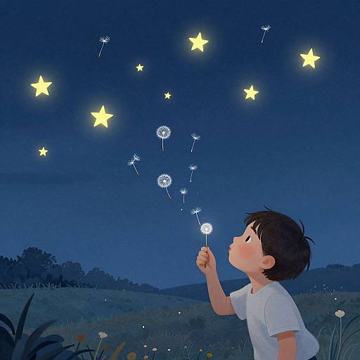 Digital illustration of a young boy with short black hair, wearing a white shirt, blowing dandelions into a starry night sky.