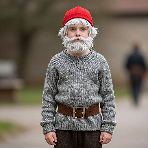 Photograph of a child with white hair, red hat, white beard, gray sweater, brown belt, standing outdoors with blurred background.
