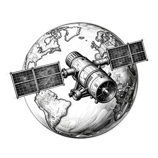 Black-and-white illustration of a space satellite with solar panels orbiting Earth, showcasing detailed textures and intricate line work.