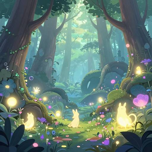 Whimsical forest scene with glowing fireflies, enchanted bunny lights, vibrant flowers, and towering trees bathed in soft, ethereal blue light.