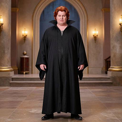 Photograph of a heavyset man with red hair, wearing a long black cloak with a high collar, standing in a grand, dimly lit hall