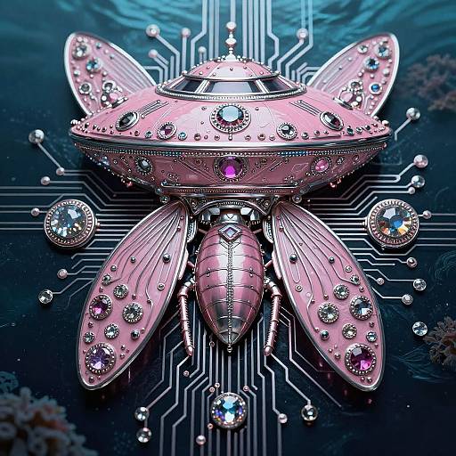Digital artwork of a pink, gem-encrusted, insect-like spaceship with transparent wings, hovering on a dark, circuit-patterned background.