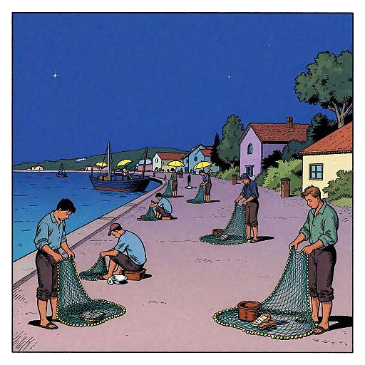 Starry Harbor Fishermen in Moebius Panel