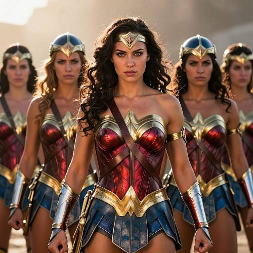 Photograph of a group of women in Wonder Woman costumes, featuring red corsets, gold accents, blue skirts, and headpieces, standing in a