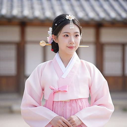 Woman in Pink Hanbok Costume