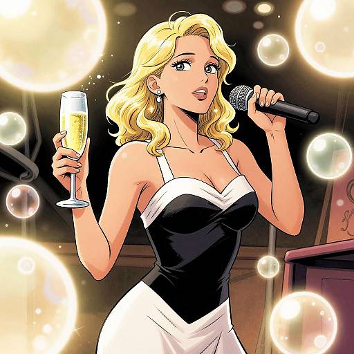 Digital comic-style illustration of a blonde woman with wavy hair, wearing a black and white strapless dress, singing into a microphone while holding a champagne