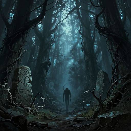 Digital artwork of a dark, eerie forest with twisted trees and blue mist. A shadowy figure with a curved horn walks down a rocky path, fl