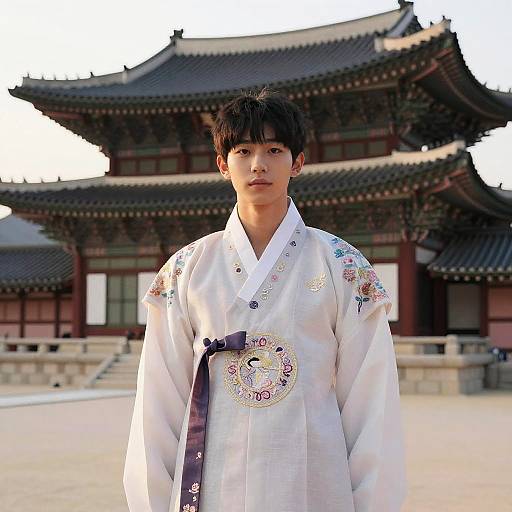 Young Asian man in white traditional Korean hanbok with colorful embroidery, standing in front of a traditional Korean palace.