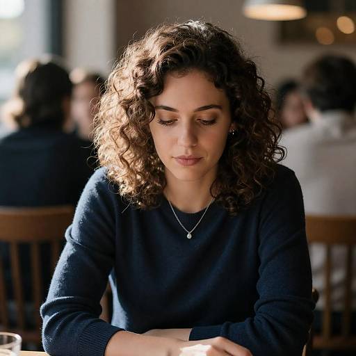 Pensive Woman in Sunlit Restaurant