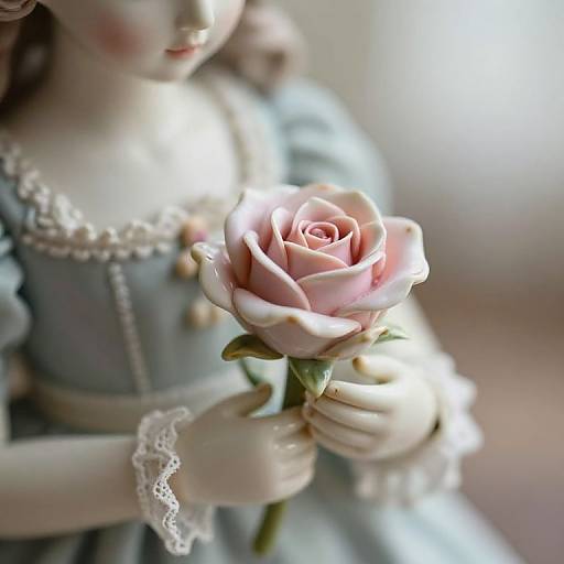 Photograph of a porcelain doll with pale skin and blue dress, holding a pink rose, soft lighting, blurred background.