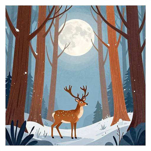 Deer and Moon in Snowy Forest
