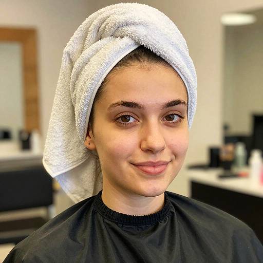 Photograph of a young woman with light skin, brown eyes, and a white towel wrapped around her head, wearing a black salon cape, smiling gently