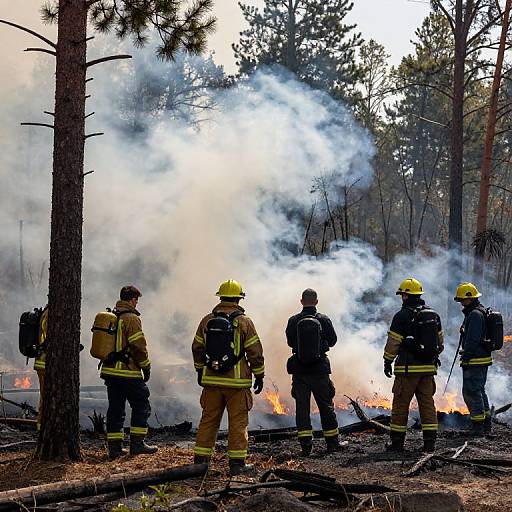 Photograph of six firefighters in yellow helmets and tan gear, standing in a forest, observing and battling a large wildfire with thick smoke and bright flames.