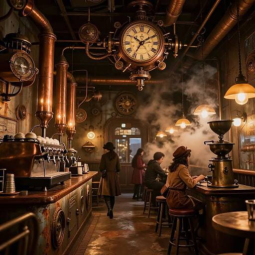 Steampunk café scene: Vintage clock, copper pipes, steamy atmosphere, three patrons in coats and hats, warm amber lights, rustic wooden bar