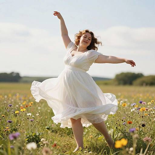 Photograph of a joyful, curly-haired woman in a flowing white dress dancing in a sunny meadow filled with colorful wildflowers.
