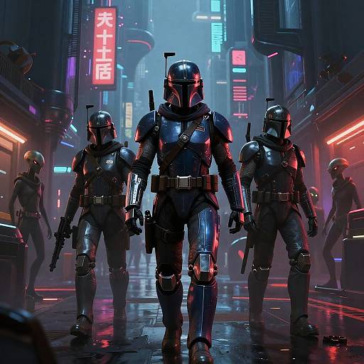 CGI image of four armored Mandalorians in neon-lit, cyberpunk city, with glowing signs in Japanese characters, leading forward.