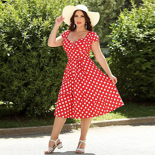 Photograph of a smiling woman with fair skin, dark curly hair, wearing a red polka dot dress, white hat, and sandals, standing in