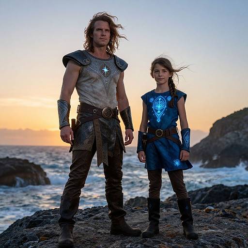Photograph of a muscular man and young girl with blue glowing accents, standing on rocky shore at sunset, both in medieval fantasy attire.
