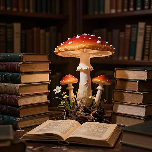 Photograph of glowing red-and-white-spotted mushrooms among stacked books, an open book in the foreground, and a dark library background.