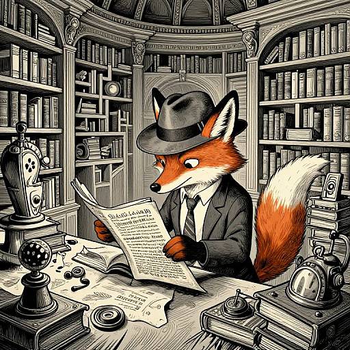Anthropomorphic fox in a black suit and fedora reads a letter at a cluttered, vintage desk in a library. Digital illustration.