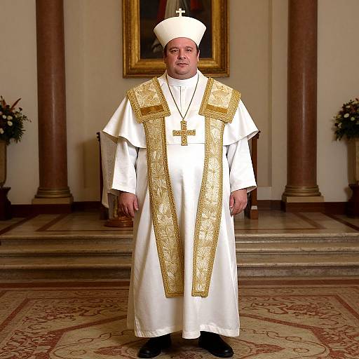 Photograph of a male Catholic bishop in white and gold vestments, standing in an ornate church with marble columns and floral arrangements.