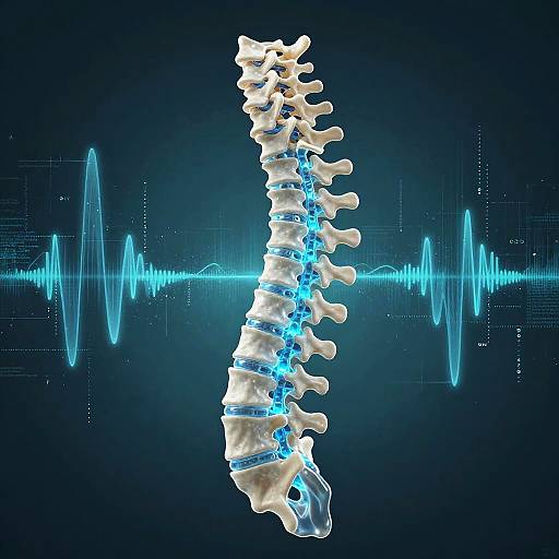 Digital CGI image of a glowing blue spine with luminescent segments against a dark blue background with a vibrant ECG heartbeat.