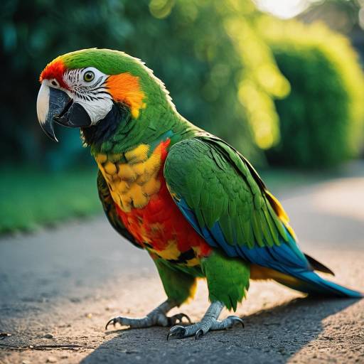 Colorful parrot on path in morning light