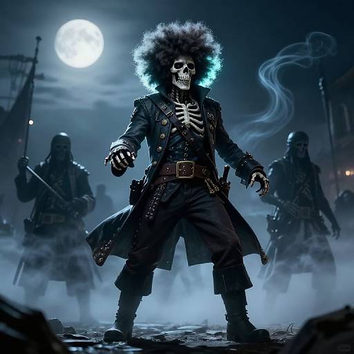 Digital illustration of a skull-headed, afro-wearing, skeleton-chested figure in a black coat, standing menacingly under a full moon, surrounded