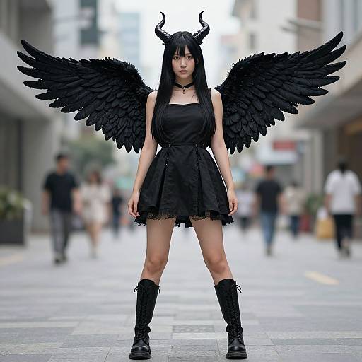 Digital artwork of a pale-skinned woman with long black hair, black devil horns, and large wings, wearing a black dress and boots, standing confidently