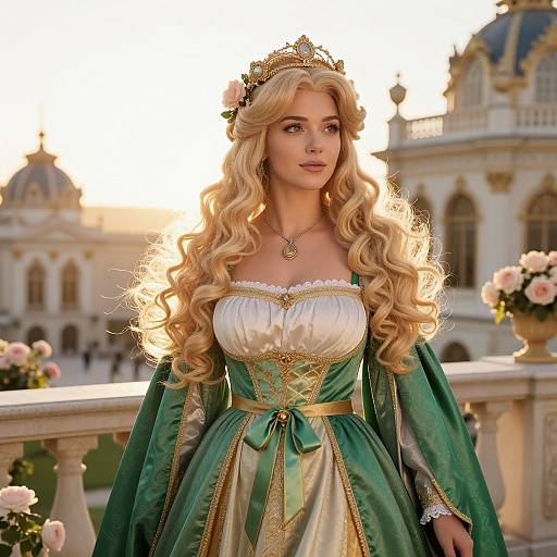 Photorealistic digital art of a blonde princess with long curls, wearing a green and gold gown, tiara, and necklace, standing in front of