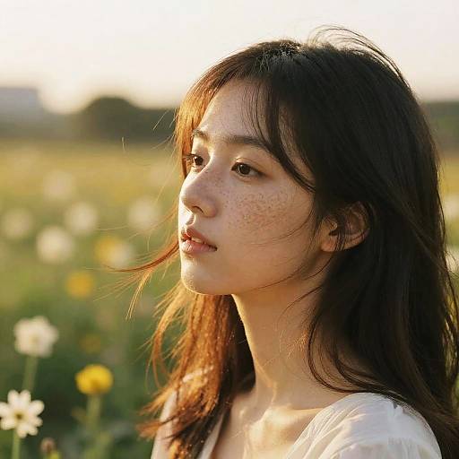 Photograph of an Asian woman with long black hair, freckled face, and soft expression, standing in a sunlit field of daisies