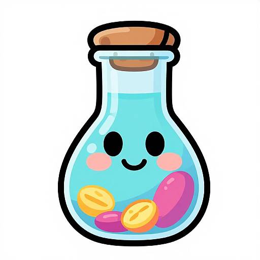 Cute digital drawing of a blue glass bottle with a cork, black eyes, pink cheeks, and colorful candy inside, smiling.
