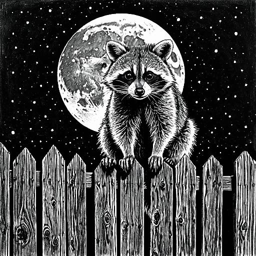 Intricate Pen and Ink Raccoon with Moon