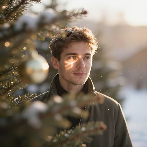 Photograph of a young man with short brown hair, wearing a dark jacket, standing among snow-covered pine branches in sunlight.