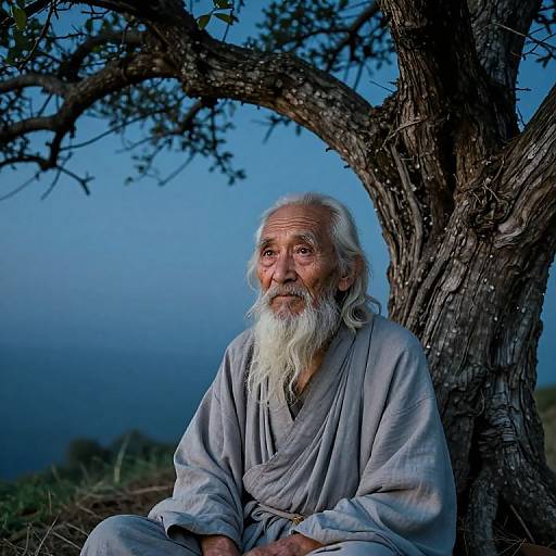 Photograph of an elderly man with a white beard, wearing a light gray robe, sitting against a large, twisted tree at dusk, with a blue
