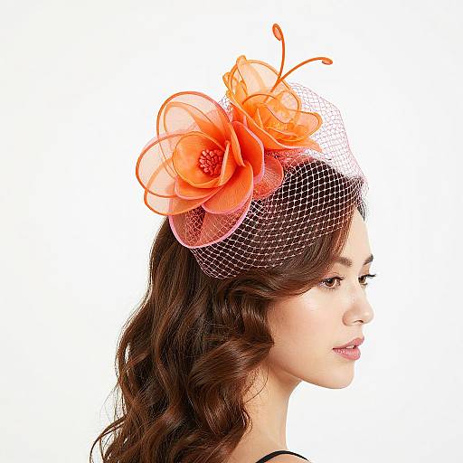 Photograph of an Asian woman with wavy brown hair, wearing a black mesh fascinator adorned with vibrant orange floral appliqués, white background,