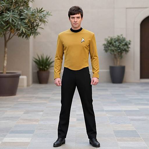 Photograph of a young man with short black hair, wearing a yellow Starfleet uniform with black pants, standing in a tiled courtyard with potted plants