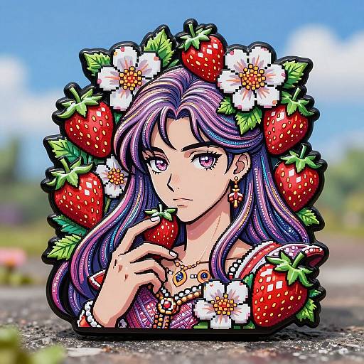 Digital anime-style portrait of a purple-haired woman with pink eyes, surrounded by strawberries and flowers, wearing ornate jewelry, set against a blurred outdoor background