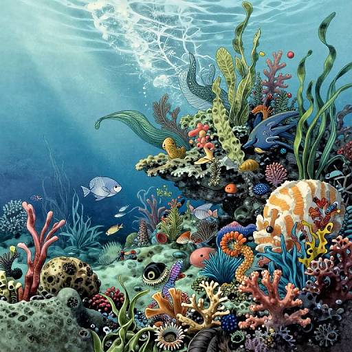 Vibrant underwater coral reef scene with colorful fish, diverse corals, and tall seaweed, illuminated by sunlight filtering through the water.