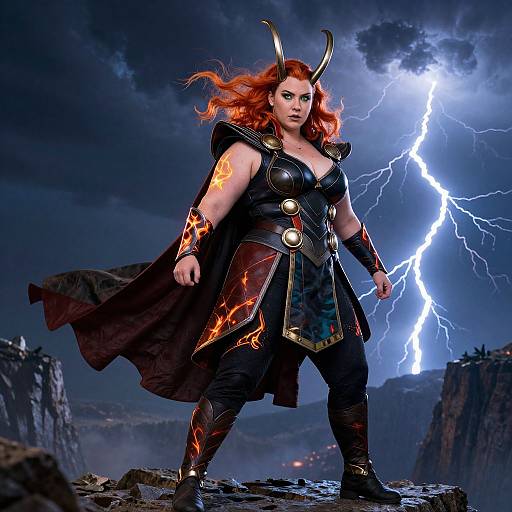 Photograph-style digital artwork of a fierce, red-haired woman with horns, black armor, and glowing orange tattoos, standing amid a stormy, lightning