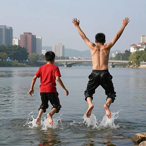 Boys Jumping into River Adventure