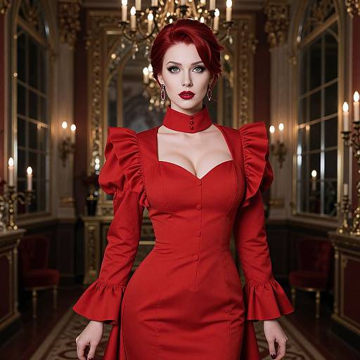 Digital artwork of a pale-skinned woman with red hair, wearing a fitted, puffed-sleeve red dress and choker, standing in an