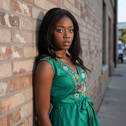 Photograph of a young Black woman with green eyes, wearing a green dress with colorful embroidery, leaning against a brick wall. Urban sidewalk background.