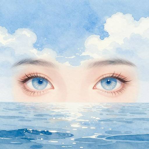 Watercolor-style digital artwork of a person's blue eyes with long lashes, partially submerged in blue ocean water, with a cloudy sky background.