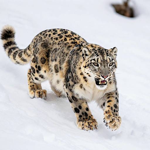 Snow Leopard Skidding on Snowy Slope