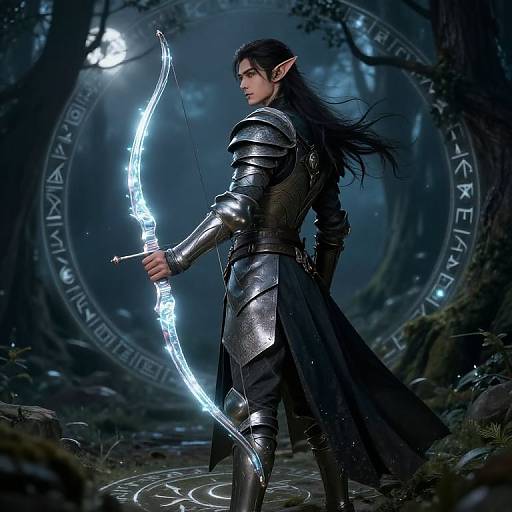 Digital fantasy artwork of a dark-haired elf archer in silver armor, holding a glowing blue bow, standing in a mystical forest with a circular runes circle