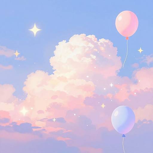 Digital artwork of a pastel sky with pink and white clouds, two balloons—one pink, one white—float, surrounded by sparkling stars.