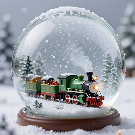 Photograph of a snow globe featuring a green vintage steam locomotive with red wheels, a lit headlight, and a cargo car, surrounded by snow